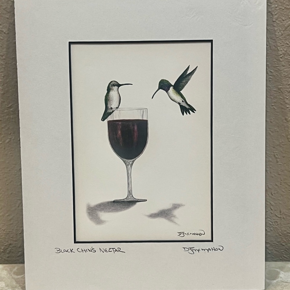 Hummingbird Print with Wine Glass, “Black Chin’s Nectar” Signed by Don McMahon